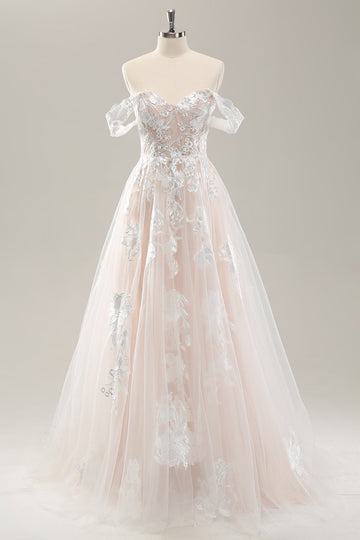 Biała Koronkowe Suknie Ślubne W Kształcie Litery A z Odkrytymi Ramionami